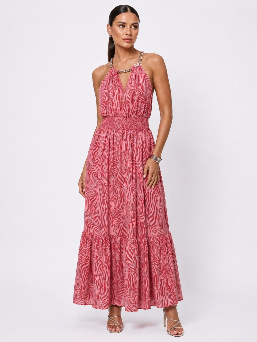 Michael Kors Pink Zebra-Print Halter Maxi Dress with Chain Detail